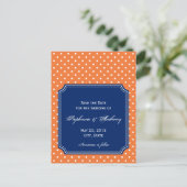 Carte Postale Faire-part Monogramme Orange, Point Blanc avec Bleu Royal (Debout devant)