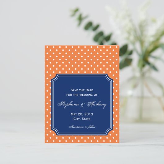Carte Postale Faire-part Monogramme Orange, Point Blanc avec Bleu Royal (Debout devant)
