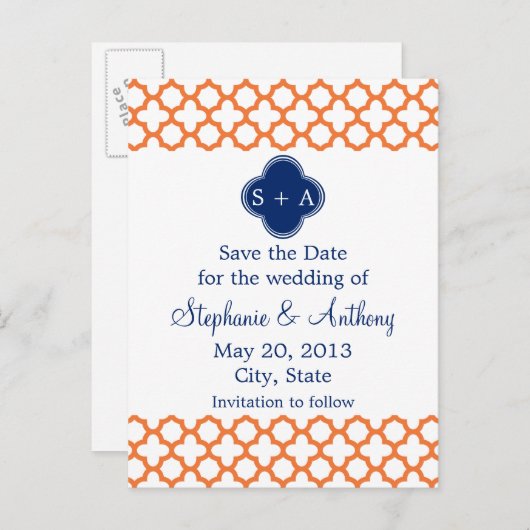 Carte Postale Faire-part Monogrammé Orange, Quatrefeuilles Bleu Royal (Devant / Derrière)