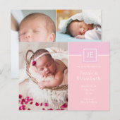 Carte Postale Faire-part Monogramme Photos Bébé Élégant rose Naissance mode (Devant / Derrière)