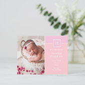 Carte Postale Faire-part Monogramme Photos Bébé Élégant rose Naissance mode (Debout devant)