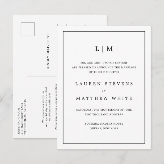 Carte Postale Faire-part Monogramme simple noir et blanc Élégant mariage (Devant / Derrière)