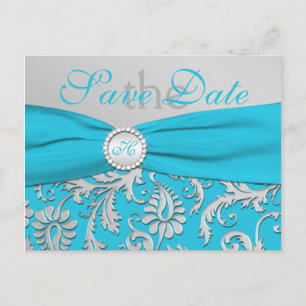 Carte Postale Faire-part Monogramme Turquoise et Argent Enregistrer la cart