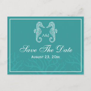 Carte Postale Faire-part Monogramme turquoise Hippocampe Enregistrer La Dat