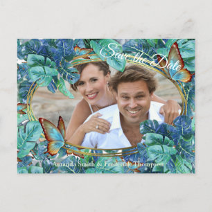 Carte Postale Faire-part Monstera bleu turquoise Feuilles et papillons