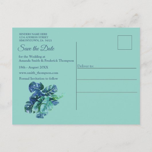 Carte Postale Faire-part Monstera bleu turquoise Feuilles et papillons (Dos)