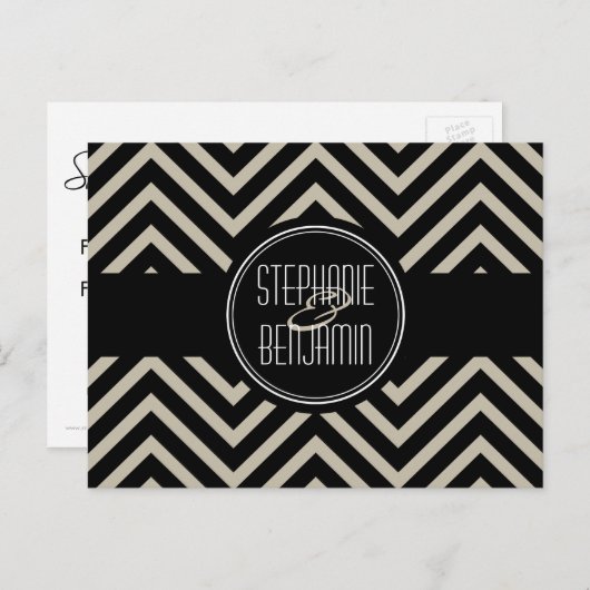 Carte Postale Faire-part Motif Chevron noir et beige Art déco (Devant / Derrière)