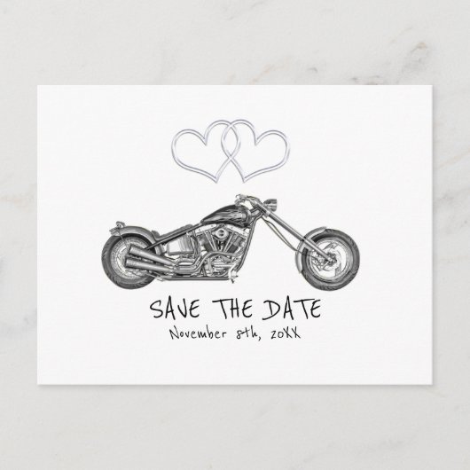 Carte Postale Faire-part Moto & Silver Hearts Biker Enregistrer La Date (Devant)