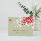 Carte Postale Faire-part Mousse rouge Zen Bambou Mariage Chinois Date à Sau (Debout devant)