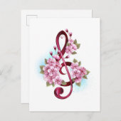 Carte Postale Faire-part Musical treble clef notes with sakura flowers (Devant / Derrière)