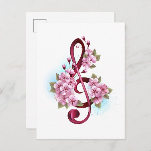 Carte Postale Faire-part Musical treble clef notes with sakura flowers (Devant / Derrière)