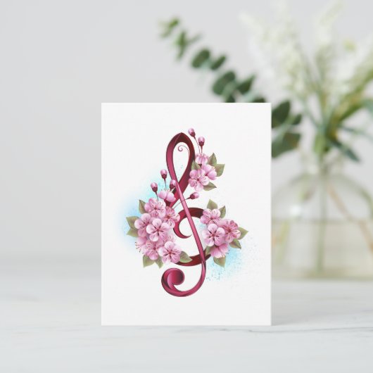 Carte Postale Faire-part Musical treble clef notes with sakura flowers (Debout devant)