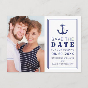 Carte Postale Faire-part Nautical Bleu Photo de Mariage Ancre Enregistrer l