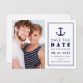 Carte Postale Faire-part Nautical Bleu Photo de Mariage Ancre Enregistrer l (Devant / Derrière)
