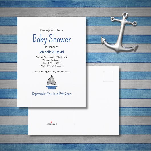 Carte Postale Faire-part Nautical Blue Sailboat Cute Boy Baby shower