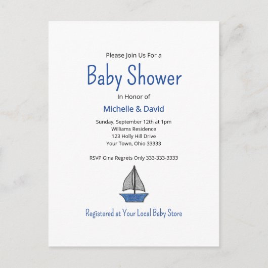 Carte Postale Faire-part Nautical Blue Sailboat Cute Boy Baby shower (Devant)