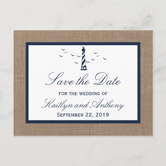 Carte Postale Faire-part Nautical Lighthouse Burlap Mariage Enregistrer La  (Devant)