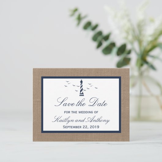 Carte Postale Faire-part Nautical Lighthouse Burlap Mariage Enregistrer La  (Debout devant)