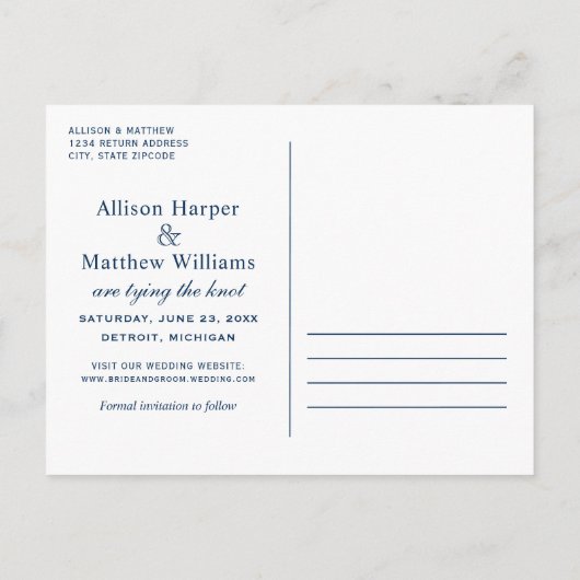 Carte Postale Faire-part Nautical Navy Bleu Ancre Mariage Économisez la Dat (Dos)