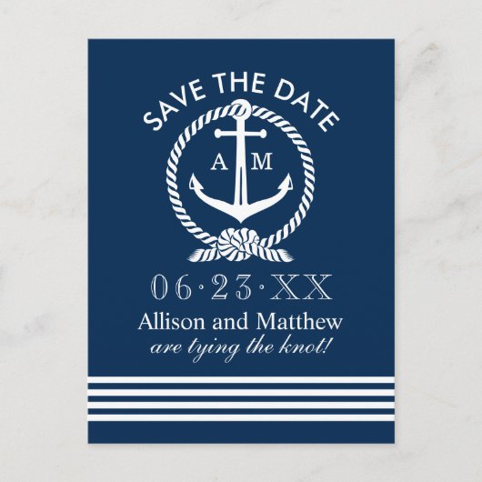 Carte Postale Faire-part Nautical Navy Bleu Ancre Mariage Économisez la Dat (Devant)