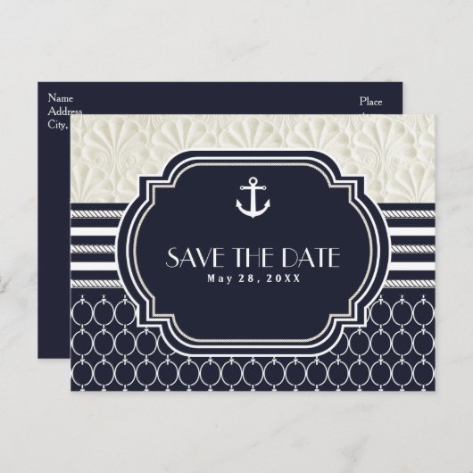 Carte Postale Faire-part Nautical Navy & Mariage de plage blanc Enregistrer (Devant / Derrière)