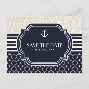 Carte Postale Faire-part Nautical Navy & White Beach Wedding Enregistrer la