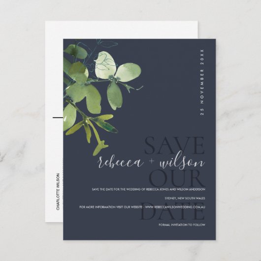 CARTE POSTALE FAIRE-PART NAVIRE VERT EUCALYPTUS AQUARELLE ENREGISTREMENT DE (Devant / Derrière)