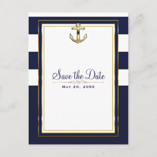 Carte Postale Faire-part Navy Blanc & Or Ancre Naudique Enregistrer la Date