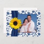 Carte Postale Faire-part Navy Bleu Jaune Damas Tournesol Enregistrer la dat (Devant / Derrière)