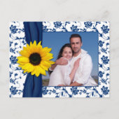 Carte Postale Faire-part Navy Bleu Jaune Damas Tournesol Enregistrer la dat (Devant)