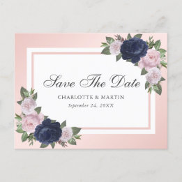 Carte Postale Faire-part Navy Blue Blush Rose Floral Enregistrer La Date
