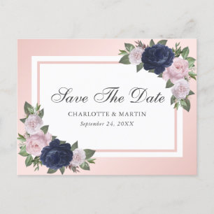 Carte Postale Faire-part Navy Blue Blush Rose Floral Enregistrer La Date
