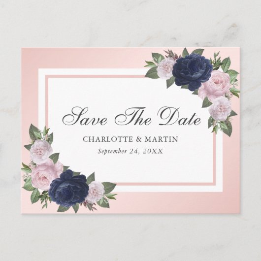 Carte Postale Faire-part Navy Blue Blush Rose Floral Enregistrer La Date (Devant)