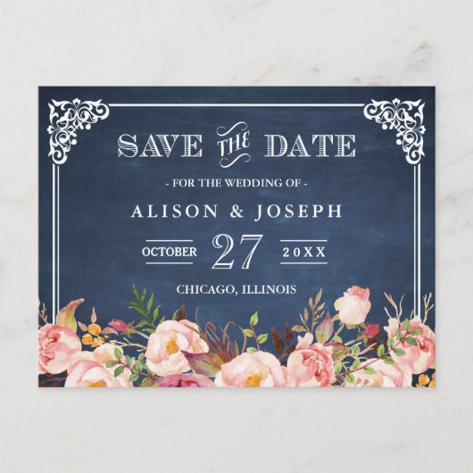 Carte Postale Faire-part Navy Blue Chalkboard Floral Wedding Enregistrer la (Devant)
