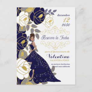 Carte Postale Faire-part Navy Blue Floral espagnol Quincanera Enregistrer l