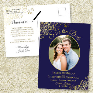 Carte Postale Faire-part Navy Blue & Gold Mariage Save the Date Photo Ovale