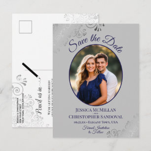 Carte Postale Faire-part Navy Blue & Gray Fancy Mariage Enregistrer la Date