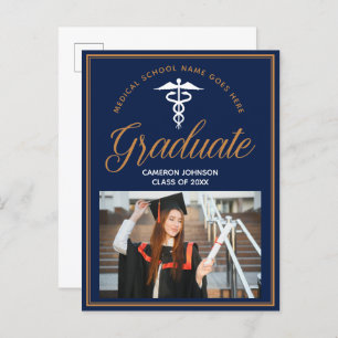 Carte Postale Faire-part Navy Blue Médicale School Photo Graduation Party