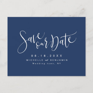 Carte Postale Faire-part Navy Blue Modern Simple Script Enregistrer La Date