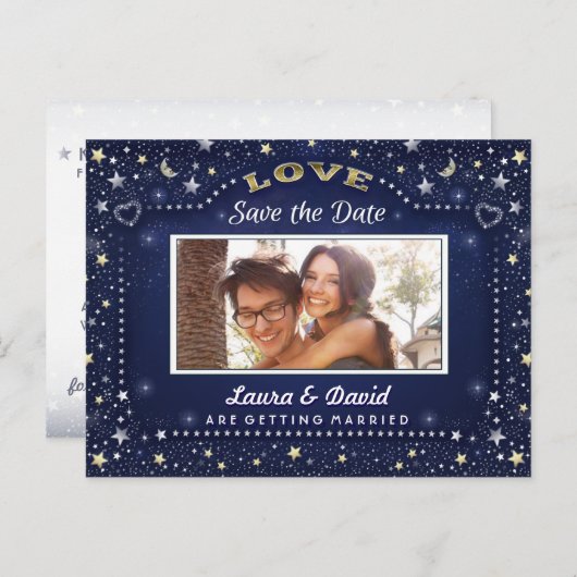 Carte Postale Faire-part Navy Blue Or Photo Save the Date (Devant / Derrière)