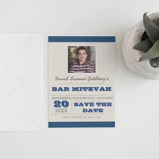 Carte Postale Faire-part Navy Blue & Silver Bar Mitzvah Enregistrer la date