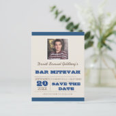 Carte Postale Faire-part Navy Blue & Silver Bar Mitzvah Enregistrer la date (Debout devant)