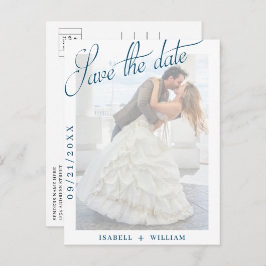 Carte Postale Faire-part  Navy Blue Vellum Photo Wedding Enregistrer La Dat (Devant / Derrière)