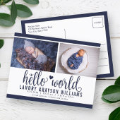 Carte Postale Faire-part Navy Hello World Photo Birth Stat