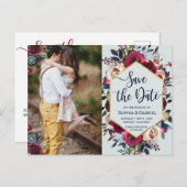 Carte Postale Faire-part Navy moderne de Bourgogne Fleurs Photo Save the Da (Devant / Derrière)