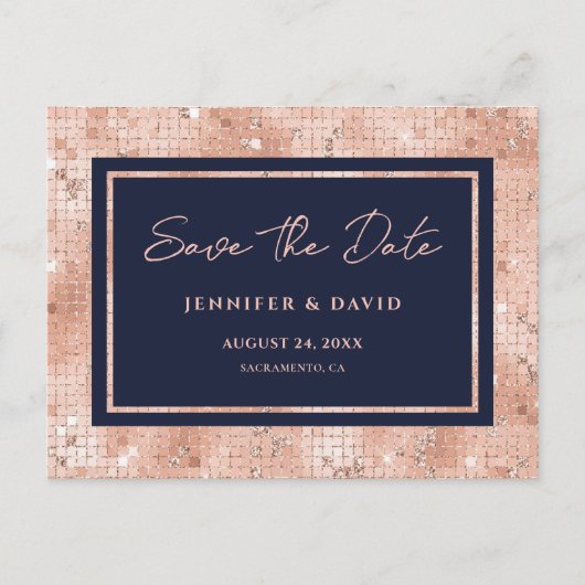 Carte Postale Faire-part Navy Rose Gold Foil Glitter Mariage Enregistrer La (Devant)