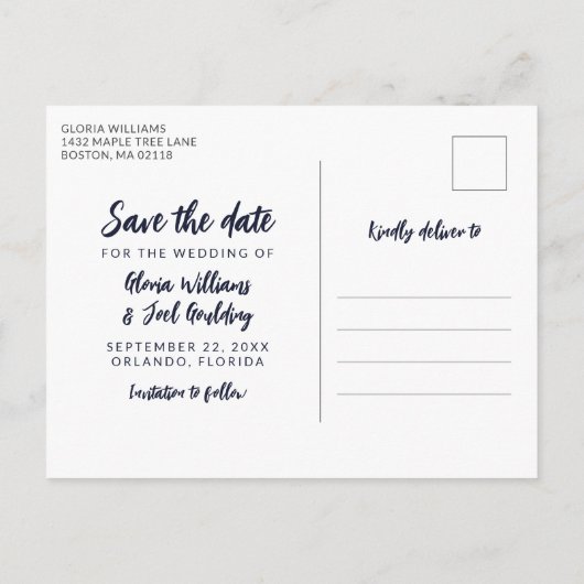 Carte Postale Faire-part Navy Script 4 Photos Mariage Enregistrer notre dat (Dos)