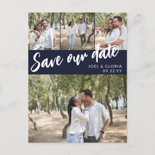 Carte Postale Faire-part Navy Script 4 Photos Mariage Enregistrer notre dat (Devant)