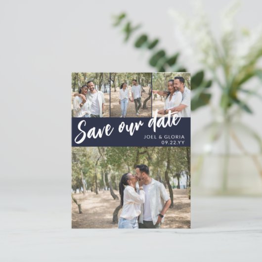 Carte Postale Faire-part Navy Script 4 Photos Mariage Enregistrer notre dat (Debout devant)