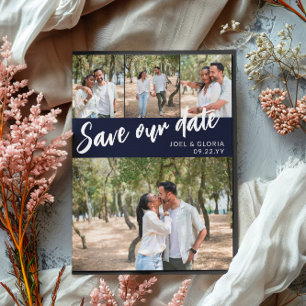 Carte Postale Faire-part Navy Script 4 Photos Mariage Enregistrer notre dat